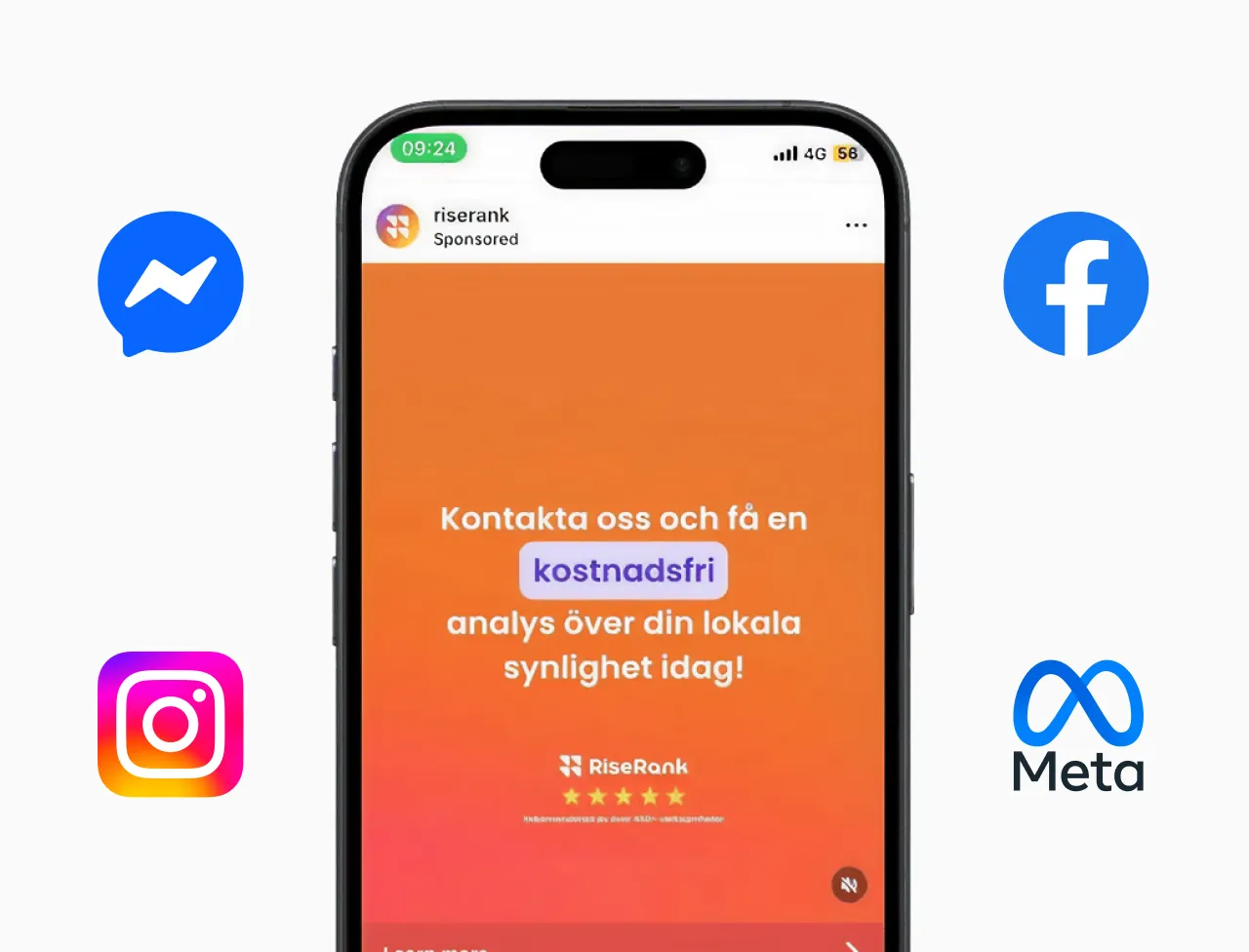 Smartphone displaying a sponsored RiseRank ad in Swedish offering a free analysis of local visibility, surrounded by Meta, Facebook, Instagram, and Messenger logos.